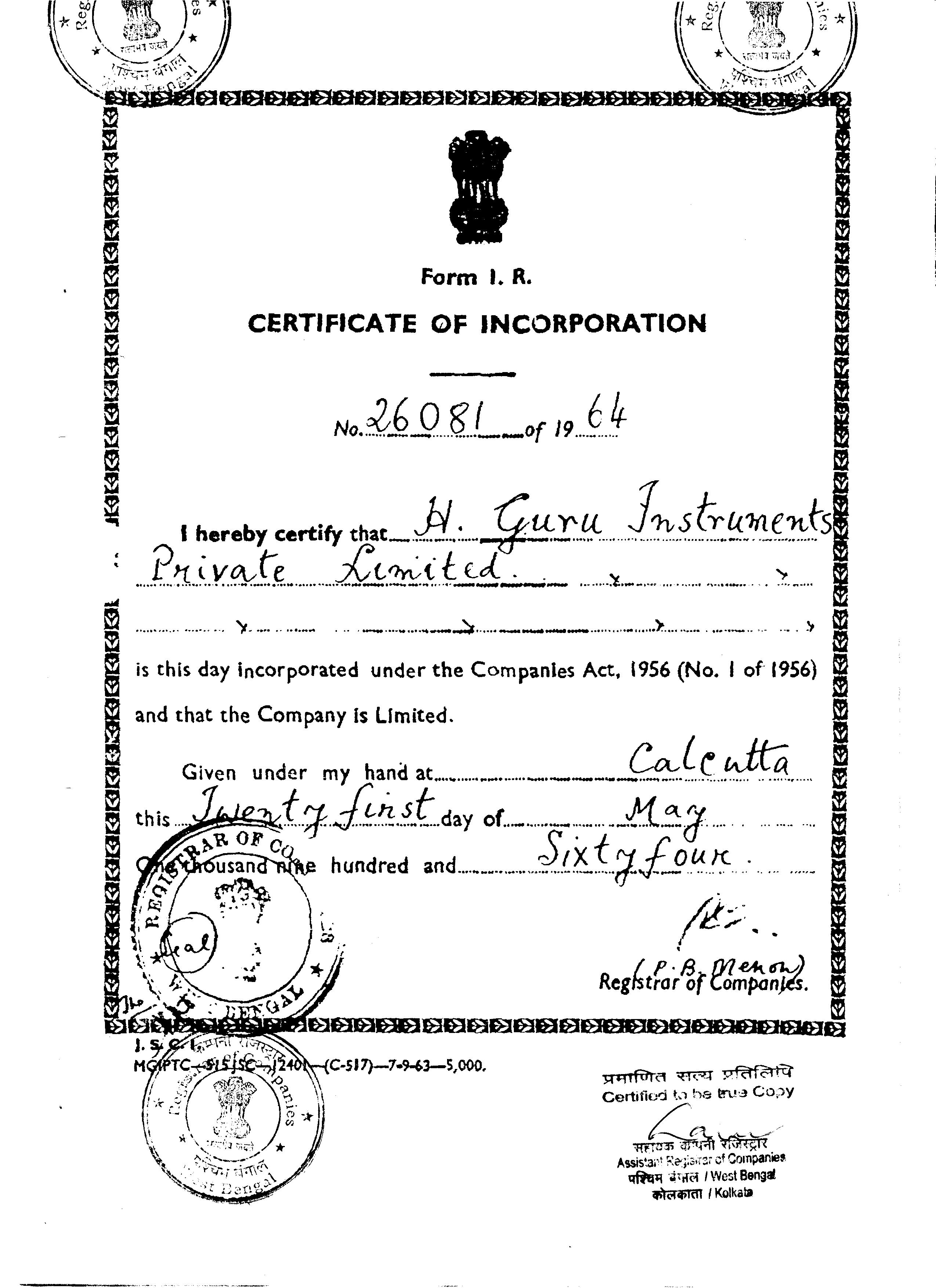 CERTIFICATE OF INCORPORATION HGIPL
